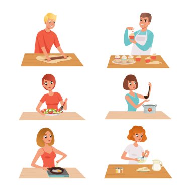 Mutfak Masa Vektörü Seti 'nde Yemek Pişirme ve Hazırlama Karakterleri. Genç Adam ve Kadın Aşçılık ve Aşçılık ile Nişanlı