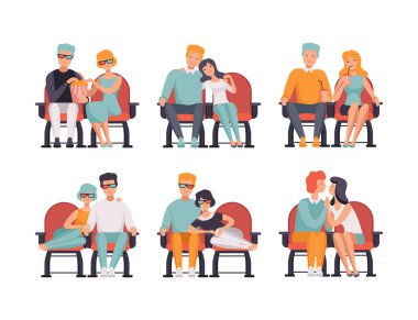 Sinemada Oturan Erkek ve Kadın Çiftleri ve Sinema Vector Set İzleme. Erkek ve Kadın Çıkma Filmi ve Patlamış Mısırı Birlikte Zevk Almak