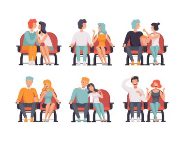 Sinemada Oturan Erkek ve Kadın Çiftleri ve Sinema Vector Set İzleme. Erkek ve Kadın Çıkma Filmi ve Patlamış Mısırı Birlikte Zevk Almak