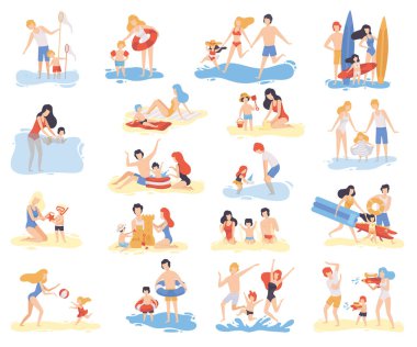 Aile, Baba, Anne ve Çocukla Sahilde Büyük Vector Seti 'nde Su Sıçratma Eğlencesi Yapıyor. Çocuklu Genç Ebeveynler Yaz Tatili ve Tatil Konseptinin Keyifli Günleri