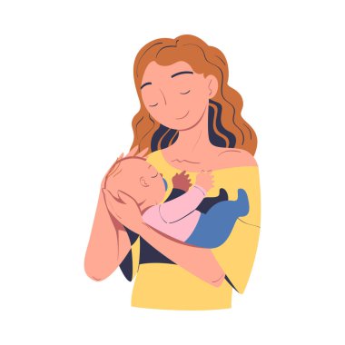 Annem mutlu bebeğini kucağında tutuyor. Neşeli anne yeni doğmuş bebeğe sarılıyor. Sevgi ve özen gösteren çizgi film çizimi. Beyazlar üzerinde izole edilmiş.