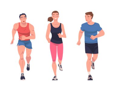 Spor Giyim ve Spor Giyiminde Koşan Erkek ve Kadın Karakterleri Spor Eğitimi ve Vücut Geliştirme Vector Set. Genç Erkek ve Kadın Sporcu Kardiyo Fiziksel Egzersizi Yapıyor