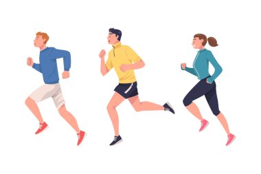 Spor Giyim ve Spor Giyiminde Koşan Erkek ve Kadın Karakterleri Spor Eğitimi ve Vücut Geliştirme Vector Set. Genç Erkek ve Kadın Sporcu Kardiyo Fiziksel Egzersizi Yapıyor