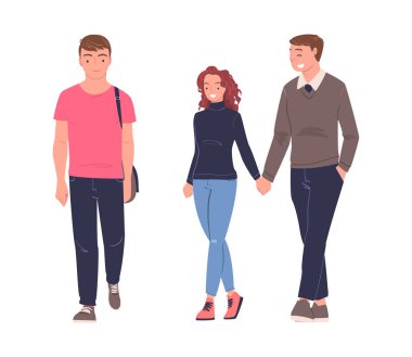 Yürüyen Adam ve Kadın Karakteri Sokakta Geziniyor ve Gülümseyen Vektör Seti. Genç Mutlu Erkek ve Kadın Gevezeliği Haftasonu Etkinliğinde Adımlar Alıyor