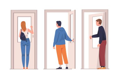 Açık Kapı 'da erkek ve kadın karakter ayrılıp eve dönüş vektör setinde. Kapıyolu Konseptinde Genç Erkek ve Kadın