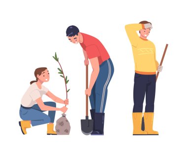 Erkek ve Kadın Karakterleri Toprakta Ağaç Dikme Gezegen ve Doğa Vektörü Seti 'yle ilgileniyor. Genç Adam ve Kadın Bahçedeki Tohum Nakli Ağaçları Yeniden Ormanlanma Konseptine Bağlandı