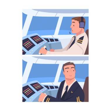 Man Uçak Pilotu ya da Pilot Kontrol Paneli Vector 'da uçağın içinde oturuyor. Erkek Havacı Üniformalı Üye Profesyonel Havacılık Müdahale Edildi