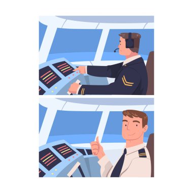 Man Uçak Pilotu ya da Pilot Kontrol Paneli Vector 'da uçağın içinde oturuyor. Erkek Havacı Üniformalı Üye Profesyonel Havacılık Müdahale Edildi