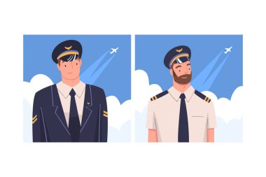 İnsan Uçak Pilotu ya da Kaptan 'daki Havacı ve Üniformalı Gülümseyen Vektör Set. Genç Erkek Hava Kuvvetleri Üyesi Profesyonel Havacılık 'ta Nişanlandı