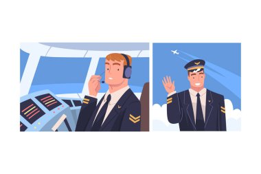 İnsan Uçak Pilotu ya da Cap 'teki Havacı ve Üniformalı Gülümseyen, Kontrol Panelinde Oturan ve El Sallayan Vektör Ayarlandı. Genç Erkek Hava Kuvvetleri Üyesi Profesyonel Havacılık 'ta Nişanlandı