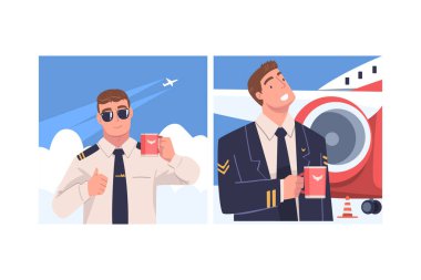 Erkek Uçak Pilotu ya da Üniformalı Güneş gözlüklü Havacı ve Gülen Vektör seti. Genç Erkek Hava Kuvvetleri Üyesi Profesyonel Havacılık 'ta Nişanlandı