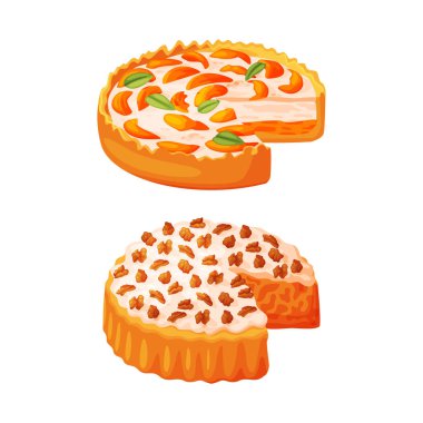 Tatlı Meyve Doldurucu Vektör Seti ile hamur tatlısı yapılmış turta. Kısa hamurlu Ev Yapımı Şekerli Tatlı Pastane Yemeği
