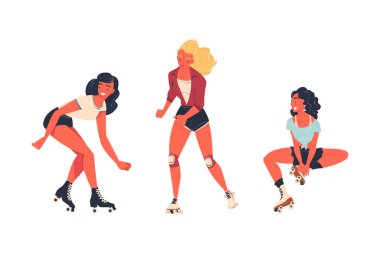 Retro Giyinik Kadın Patenci Şort Paten ve Gülümseyen Vector Set. Hippi Genç Kadın Spor ve Eğlence Alanında Etkinlik Gösteriyor