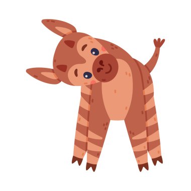 Sevimli meraklı bebek okapi. Kafası eğilmiş çizgi film vektör çizimi ile beyaz üzerinde duran komik vahşi Afrikalı hayvan karakteri.