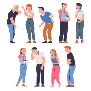 Acı çeken insanlar. Erkekler ve kadınlar, hastalıktan ya da sakatlıktan dolayı vücutlarında ağrı hissediyorlar. Çizgi film çizimleri beyaza izole edilmiş.