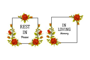 Funeral Red Rose Frame with Quote and Inscription Vector Set. Mourning Decorative Flower Border with Lush Buds Arrangement and Lettering clipart