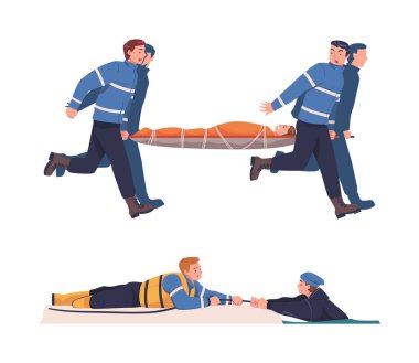 Kurtarma ve Hayat Kurtarma Acil Operasyonu. Kurbanı Sedyeyle Taşıma ve Su Vektörü Seti 'nden Çıkarma Operasyonu. Erkek Yardım ve Acil Yardım Sağlama