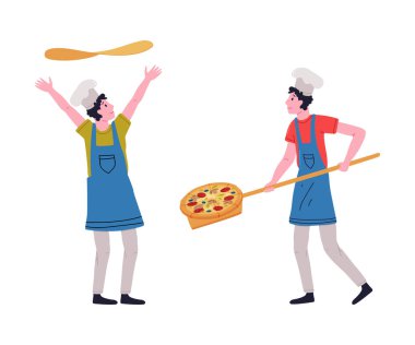 Toque 'da Pizzacı Adam Havaya Hamur Fırlatıyor ve Kürek Pişiren Pizza Vector Seti Taşıyor. Genç Aşçı Pizzeria Restoranında Yemek Hazırlıyor
