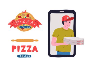 Kırmızı Cap Holding Karton Kutusundaki Pizza Teslimatçısı Smartphone ve Restoran Etiket Vector Set 'inden dışarı baktı. Genç Erkek Kurye Pizzeria Restoranından Yemek Getiriyor