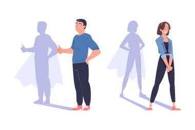 Erkek ve Kadın Süper Kahraman 'ın Gölgesi Ayakta Duran ve Gülümseyen Vektör Set. Genç Erkek ve Kadın Kahraman Rolünde Güçlü ve Cesaretli