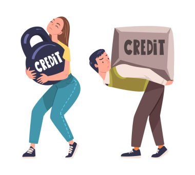 Severity of Mortgage with Man and Woman Carrying Heavy Burden of Credit Vector Set. Young Male and Female Struggling with Financial Payment of Home Loan clipart