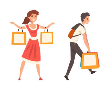 Mutlu Adam ve Kadın Karakteri, Satın Alma Vektörü Seti ile Alışveriş Çantası Taşıyor. Gülümseyen Erkek ve Kadın Müşteri Alıyor Satış ve İndirim Keyifli