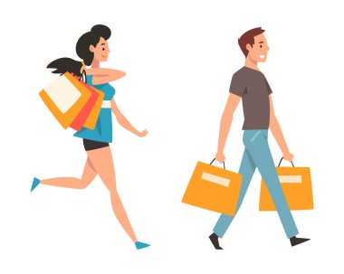 Mutlu Adam ve Kadın Karakteri, Satın Alma Vektörü Seti ile Alışveriş Çantası Taşıyor. Gülümseyen Erkek ve Kadın Müşteri Alıyor Satış ve İndirim Keyifli