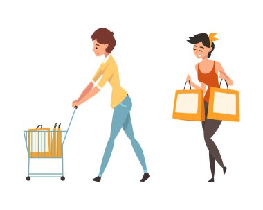 Satın Alım Vektörü Seti ile Alışveriş Yapan Mutlu Kadın Karakteri. Gülümseyen Kadın Müşteri Alıyor Satış ve İndirim Keyifli