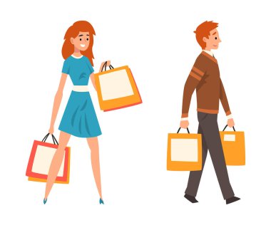 Mutlu Adam ve Kadın Karakteri, Satın Alma Vektörü Seti ile Alışveriş Çantası Taşıyor. Gülümseyen Erkek ve Kadın Müşteri Alıyor Satış ve İndirim Keyifli