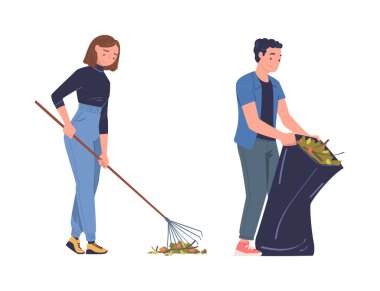 Erkek ve Kadın Gönüllü Karakteri Tırmık ve Çanta Temizleme Sokağı Yeşillik Vektörü Seti. Genç Erkek ve Kadın Ekoloji ve Çevre Konseptine Değer Veriyor