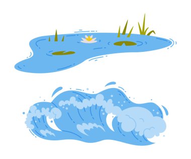 Doğal su ve gelgit dalga vektörü setiyle dolu bir gölet. Akışkan Dünya Kaynağı Konsepti Olarak Mavi Sıvı Akıcı Madde