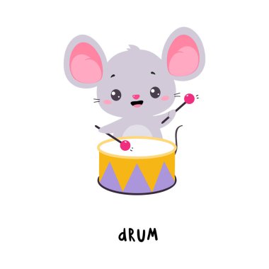 Küçük Gri Fare, Eğitimsel Etkinlik Vektörü İllüstrasyonunun İngilizce Fiilini Göstererek Davul Vuruşları Çalıyor. Komik Kemirgen Öğrenme Sözlüğü