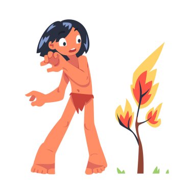 Mowgli as Feral Boy from Jungle Raised by Wolves Standing Near Burning Tree Exploring Fire Vector Illustration. Wild Barefoot Child in Loincloth with Black Hair clipart