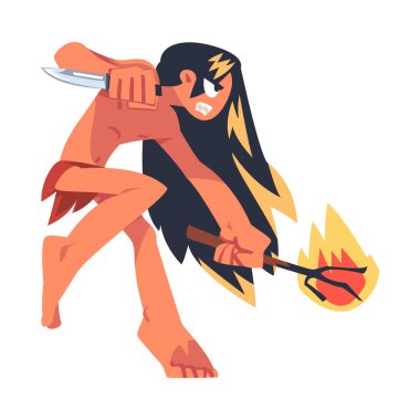 Ormandaki Vahşi Çocuk rolüyle Mowgli Bıçakla Savaşan Kurtlar ve Yanan Ağaç Vektör İllüstrasyonuyla Büyüdü. Siyah saçlı, peştemalli vahşi ayaklı çocuk.