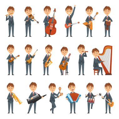 Takım Elbiseli Genç Müzisyen ve Kravat, Sahne Büyük Vector Seti 'nde Müzikal Enstrüman Çalıyor. Erkek Müzikal Performans Konseptine Bağlandı
