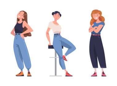 Ayakta Duran ve Oturan Poz 'daki Gülümseyen Kadın tatmin olmuş yüz ifade vektörü seti. Takım Üyesi ve Kişilik Konsepti olarak Mutlu Kadın