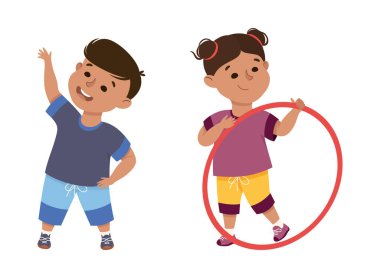 Küçük Oğlan ve Kız Okul Vektör Seti 'nde Beden Eğitimine Başladı. Beden Eğitimi Konsepti Çocuk Egzersizi