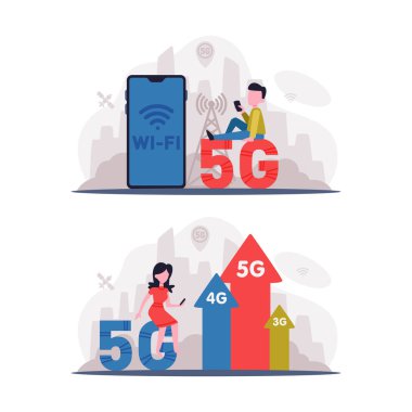 5G Ağ Kablosuz Teknolojisi Erkek ve Kadın Yüksek Hızlı İnternet Vector Seti Kullanıyor. Mobil Gadget ile Küçük Erkek ve Kadın Karakteri