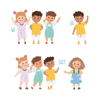 İngiliz Deneği Komik Oğlan ve Kız Gösterici Kelime Vektörü Set 'li Pronoun. İlköğretim ve Dil Öğrenme Konseptine Bağlı Çocuk