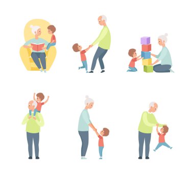 Dedem ve büyükannem torunlarıyla oyuncak blokları oynuyorlar ve kitap vektörü seti okuyorlar. Emeklilikte Yaşlanmış Büyükbaba Boş Zaman Etkinliği Konseptine Bağlandı