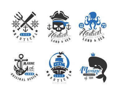 Klasik Denizcilik ve Denizcilik Etiketleri, İşaretler veya Logo Şablonları Vector Set. Mızrak, Gemi, Çapa, Ahtapot ve Kafatası Konsepti ile Denizcilik ve Denizcilik Amblemi Tasarımı