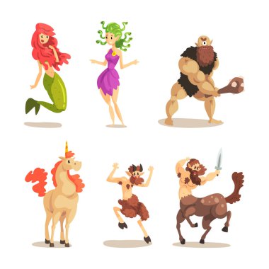 Denizkızı, Medusa, Cyclops, Centaur, Faun ve Unicorn Vector Set ile çeşitli büyülü yaratıklar. Masaldaki Fantastik Canavar