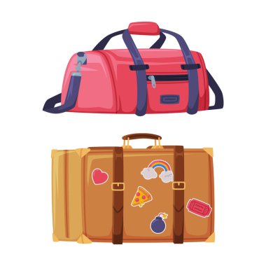 Seyahat Çantasının sapı ve fermuarı seyahat vektörü seti için paketlendi. Seyahat ve Macera Turist Bagajı Konsepti