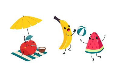Summer Fruit Character rolünde muz, elma ve karpuz. Top oynayıp kokteyl içen vektör seti. Yaz mevsiminde tatlı ve sulu yemekler