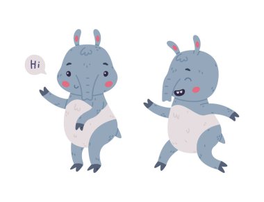 Cute Grey Tapir Animal with Proboscis Running and Saying Hi Vector Set. Funny Mammal with Hooved Toe clipart