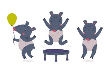 Tatlı Gri Tapir Hayvanı ve Proboscis Trambolinde Zıplıyor ve Balon Vector Seti Tutuyor. Toynaklı Parmaklı Komik Memeli