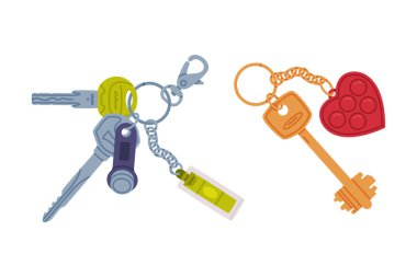 Trinket with Key Hanging with Keychain or Keyring Vector Set. Key Fob with Small Piece of Metal for Door Lock clipart