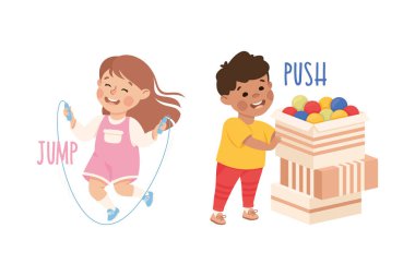 Küçük Oğlan ve Kız Zıplama İpi ve Taşak Gösterici Kelime Hazinesi ve Fiil Vektör Set ile Karton İtme. İngilizce Öğrenen Sevimli Çocuk İlköğretim Eğitiminde Nişanlandı