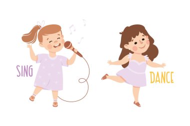 Şarkı Söyleyen ve Dans Eden Küçük Kız Sözcük Hazinesi ve Fiil Vektörü Set. İngilizce Öğrenen Sevimli Çocuk İlköğretim Eğitiminde Nişanlandı