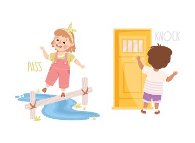 Küçük Oğlan ve Kız Akıntının Karşısından Geçiyor ve Kapı Çalıyor Sözcük Hazinesi ve Fiil Çalışan Vektör Seti. İngilizce Öğrenen Sevimli Çocuk İlköğretim Eğitiminde Nişanlandı